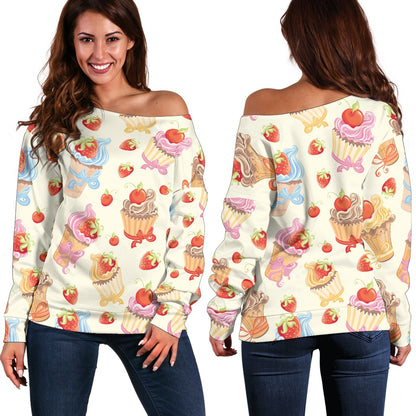 Cupcakes Strawberry Cherry Print Off Shoulder Sweatshirt