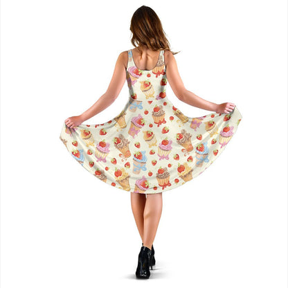 Cupcakes Strawberry Cherry Print Sleeveless Dress