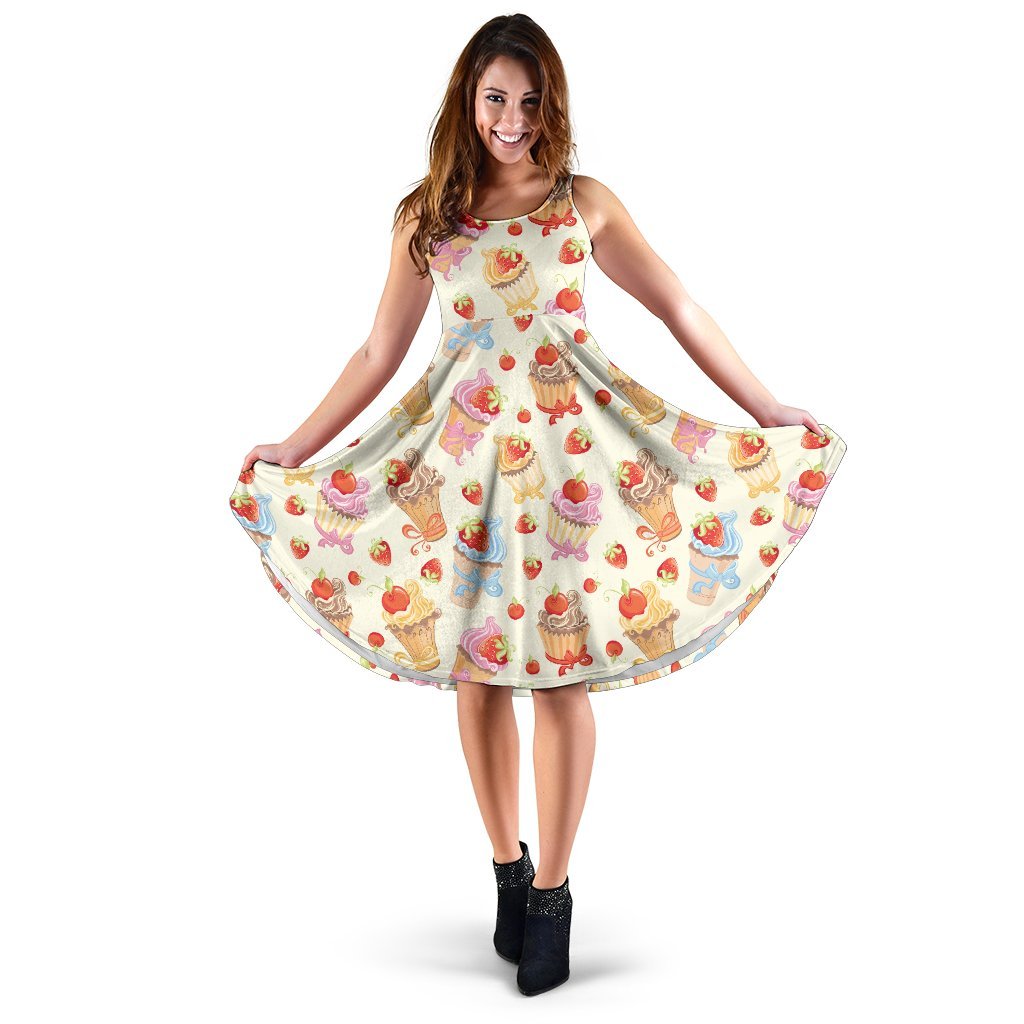 Cupcakes Strawberry Cherry Print Sleeveless Dress
