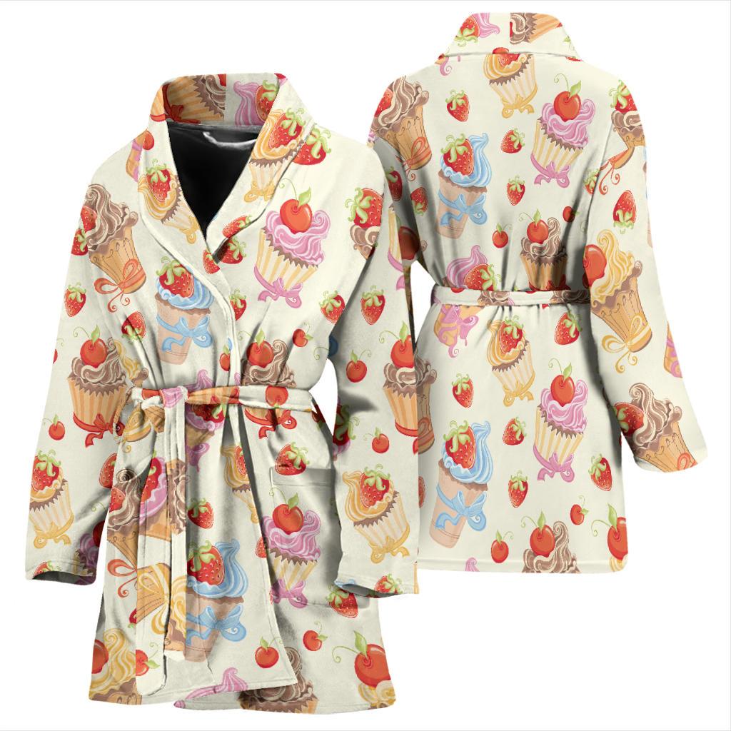 Cupcakes Strawberry Cherry Print Women Bath Robe-JTAMIGO.COM