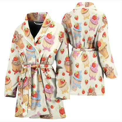 Cupcakes Strawberry Cherry Print Women Bath Robe-JTAMIGO.COM