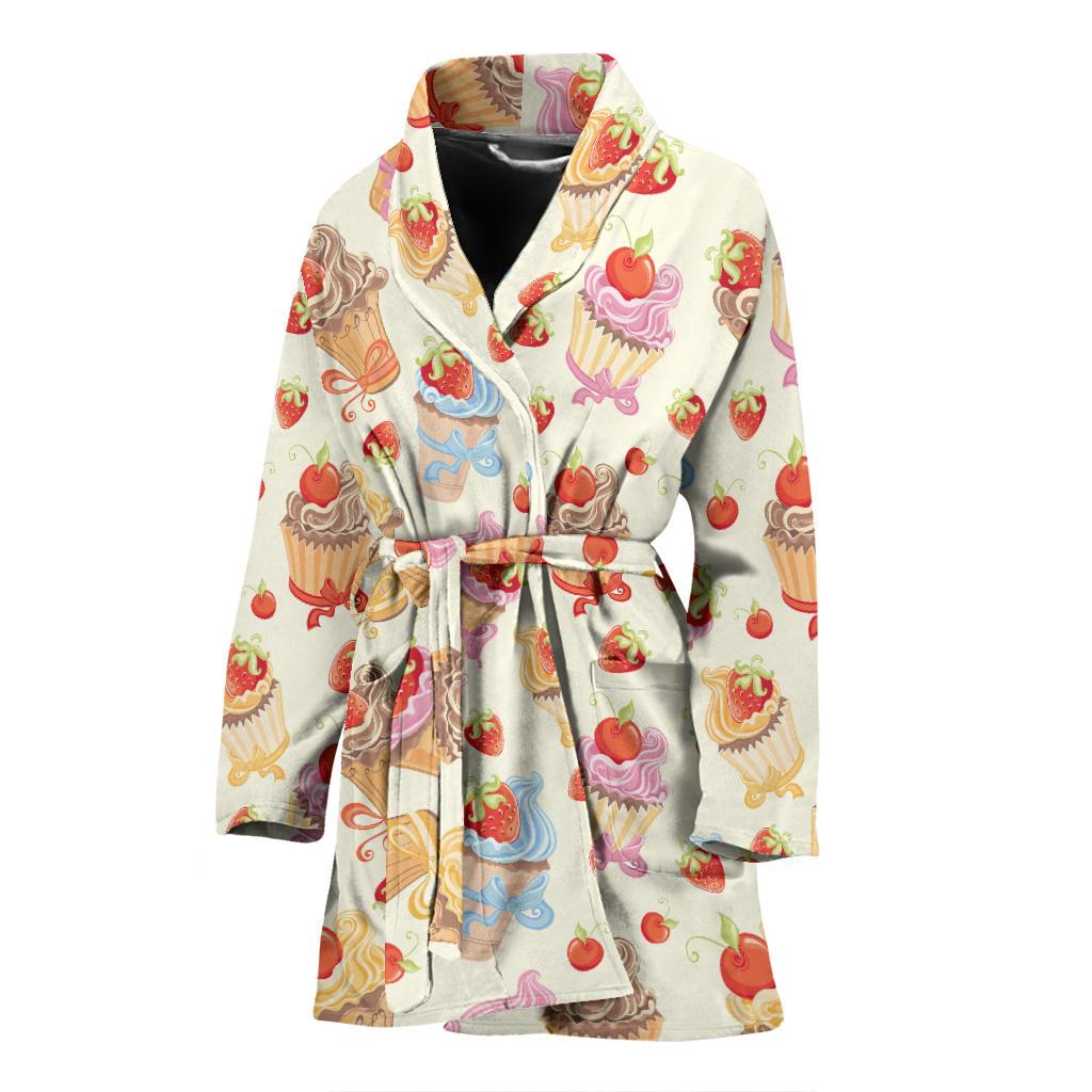 Cupcakes Strawberry Cherry Print Women Bath Robe-JTAMIGO.COM