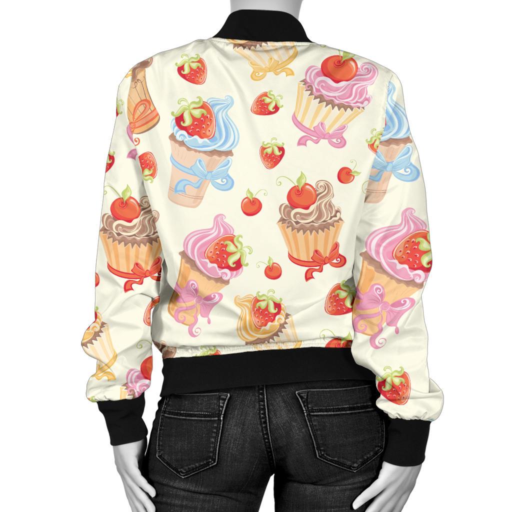 Cupcakes Strawberry Cherry Print Women Casual Bomber Jacket