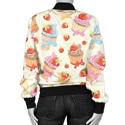 Cupcakes Strawberry Cherry Print Women Casual Bomber Jacket