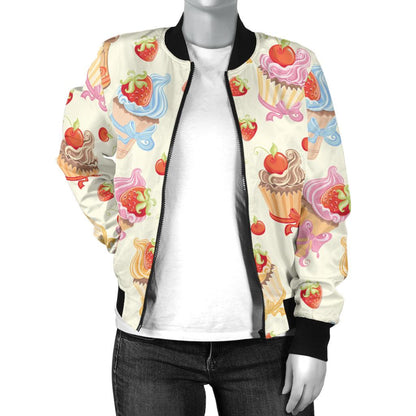 Cupcakes Strawberry Cherry Print Women Casual Bomber Jacket