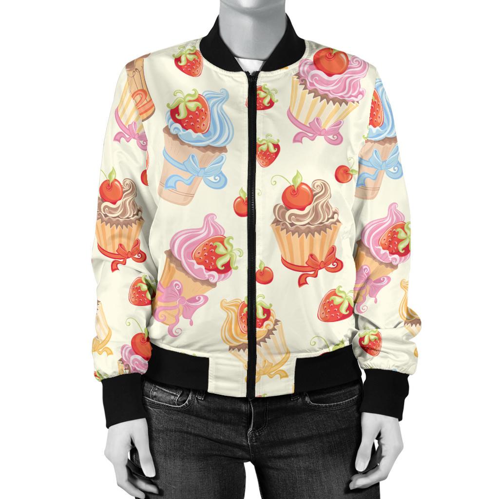Cupcakes Strawberry Cherry Print Women Casual Bomber Jacket