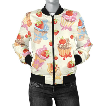 Cupcakes Strawberry Cherry Print Women Casual Bomber Jacket
