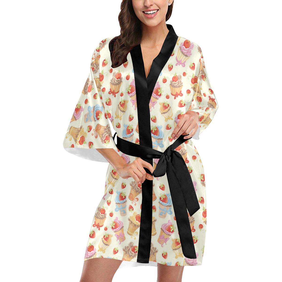 Cupcakes Strawberry Cherry Print Women Short Kimono Robe