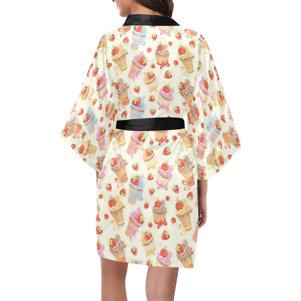 Cupcakes Strawberry Cherry Print Women Short Kimono Robe