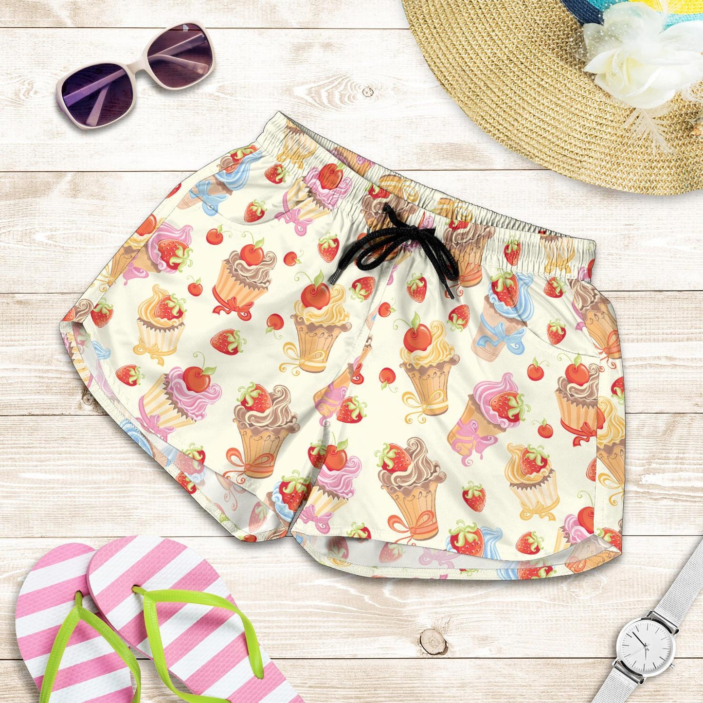 Cupcakes Strawberry Cherry Print Women Shorts-JTAMIGO.COM