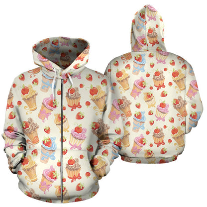Cupcakes Strawberry Cherry Print Zip Up Hoodie
