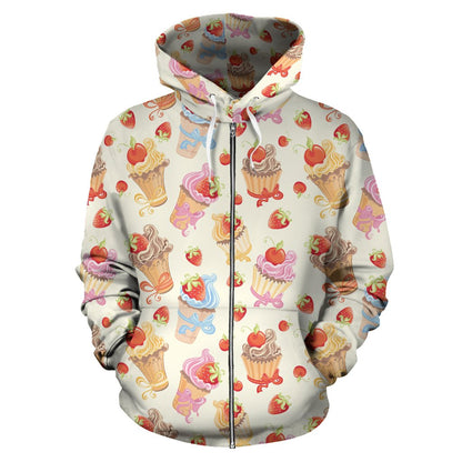 Cupcakes Strawberry Cherry Print Zip Up Hoodie