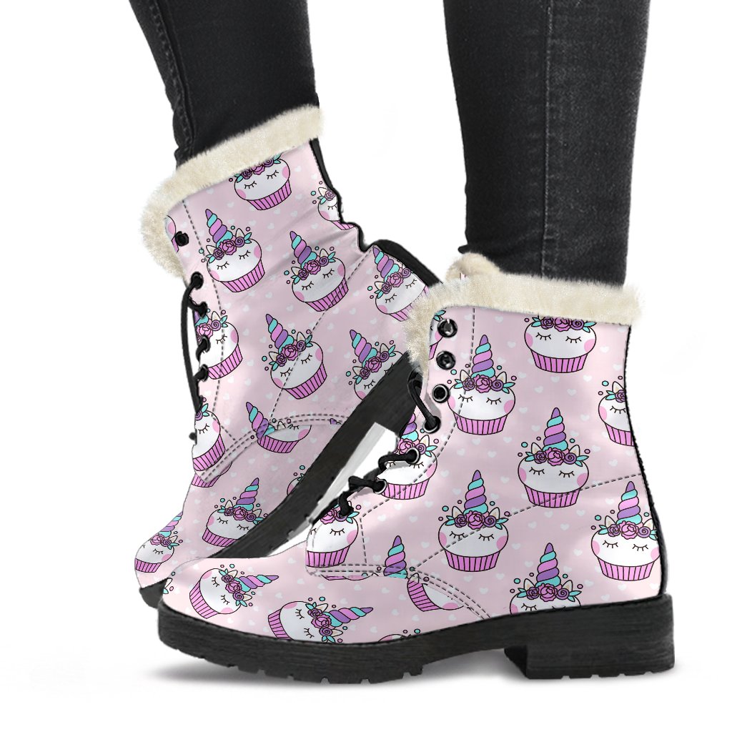 Cupcakes Unicorn Print Pattern Faux Fur Leather Boots-JTAMIGO.COM