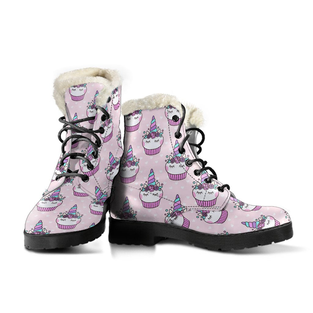 Cupcakes Unicorn Print Pattern Faux Fur Leather Boots-JTAMIGO.COM