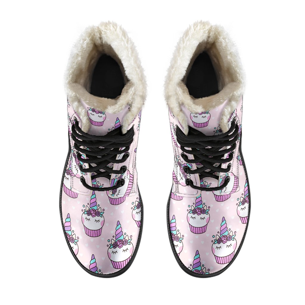 Cupcakes Unicorn Print Pattern Faux Fur Leather Boots-JTAMIGO.COM