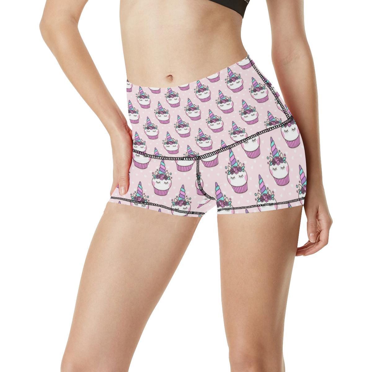 Cupcakes Unicorn Print Pattern High Waisted Spandex Shorts-JTAMIGO.COM