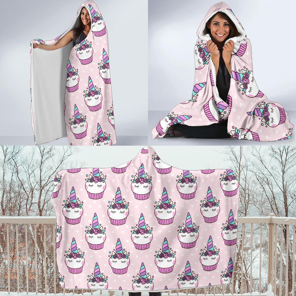 Cupcakes Unicorn Print Pattern Hooded Blanket-JTAMIGO.COM