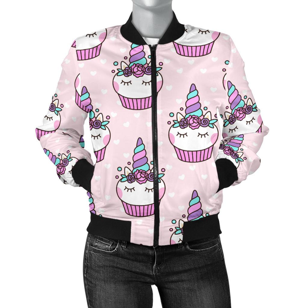 Cupcakes Unicorn Print Pattern Women Casual Bomber Jacket