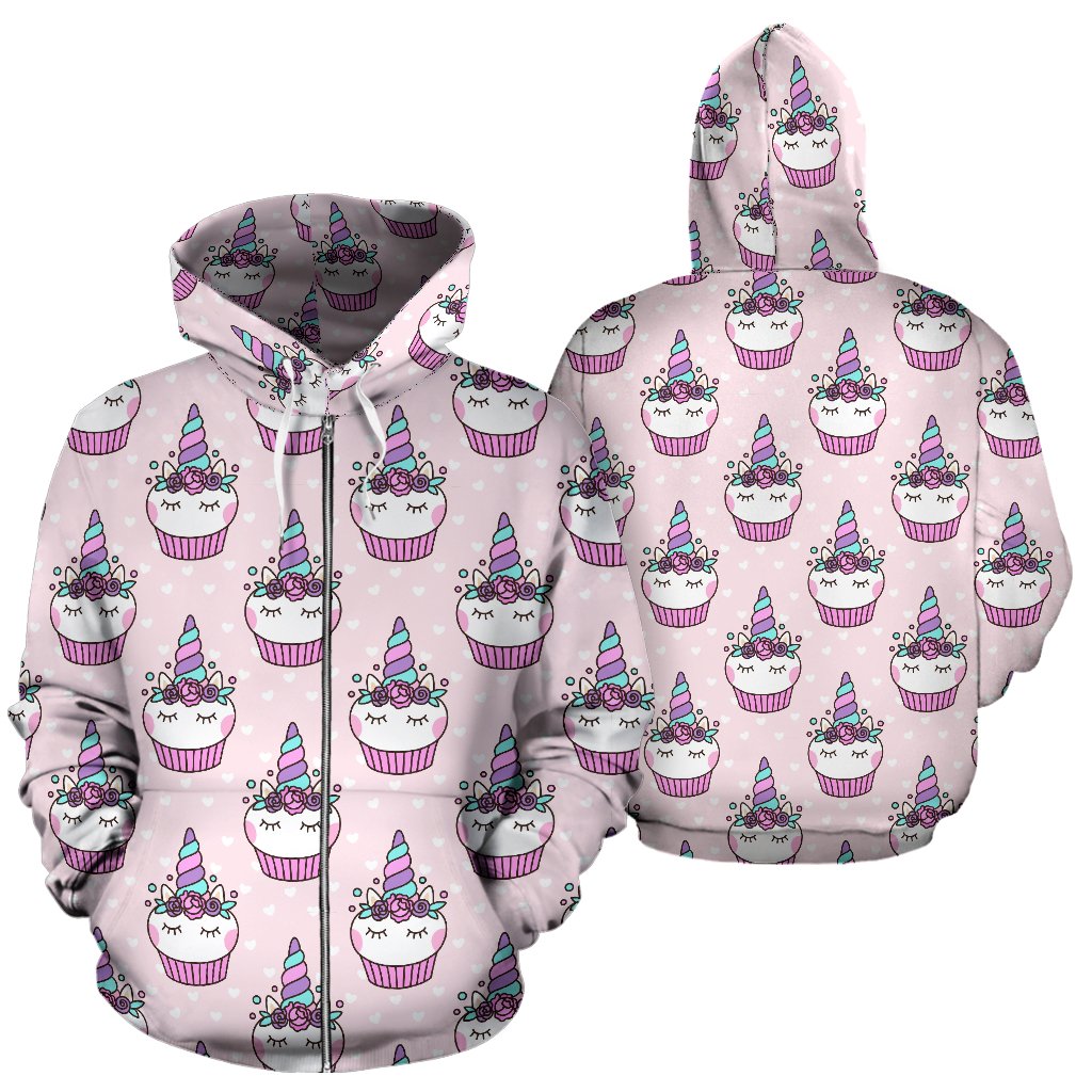 Cupcakes Unicorn Print Pattern Zip Up Hoodie