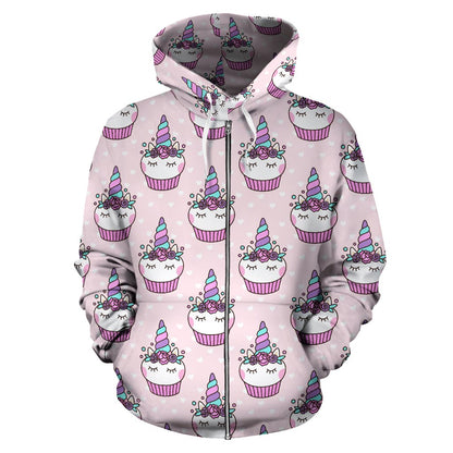 Cupcakes Unicorn Print Pattern Zip Up Hoodie