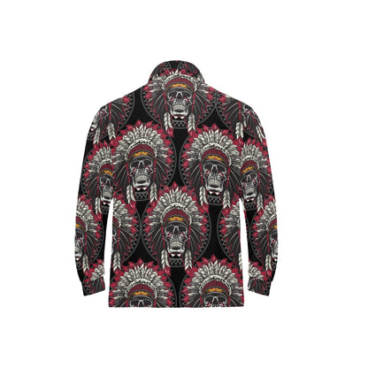 Native Indian Skull Long Sleeve Polo Shirt For Men's