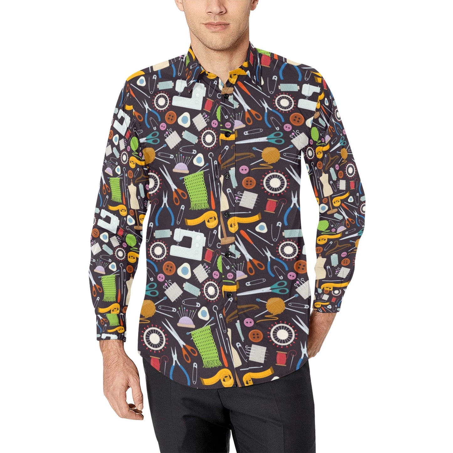 Sewing Equipment Print Design LKS308 Men's Long Sleeve Dress Shirt