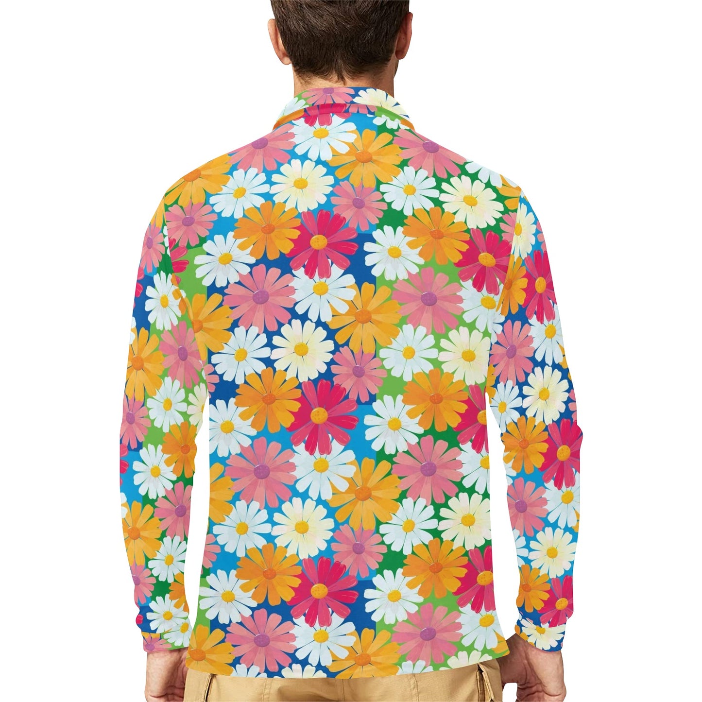 Daisy Pattern Print Design DS05 Long Sleeve Polo Shirt For Men's