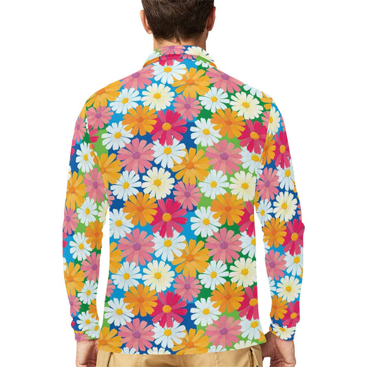 Daisy Pattern Print Design DS05 Long Sleeve Polo Shirt For Men's