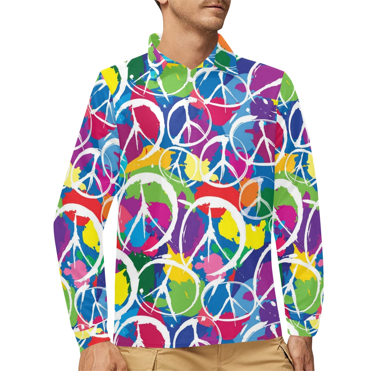 Peace Sign Colorful Pattern Print Design A02 Long Sleeve Polo Shirt For Men's