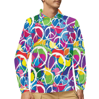 Peace Sign Colorful Pattern Print Design A02 Long Sleeve Polo Shirt For Men's
