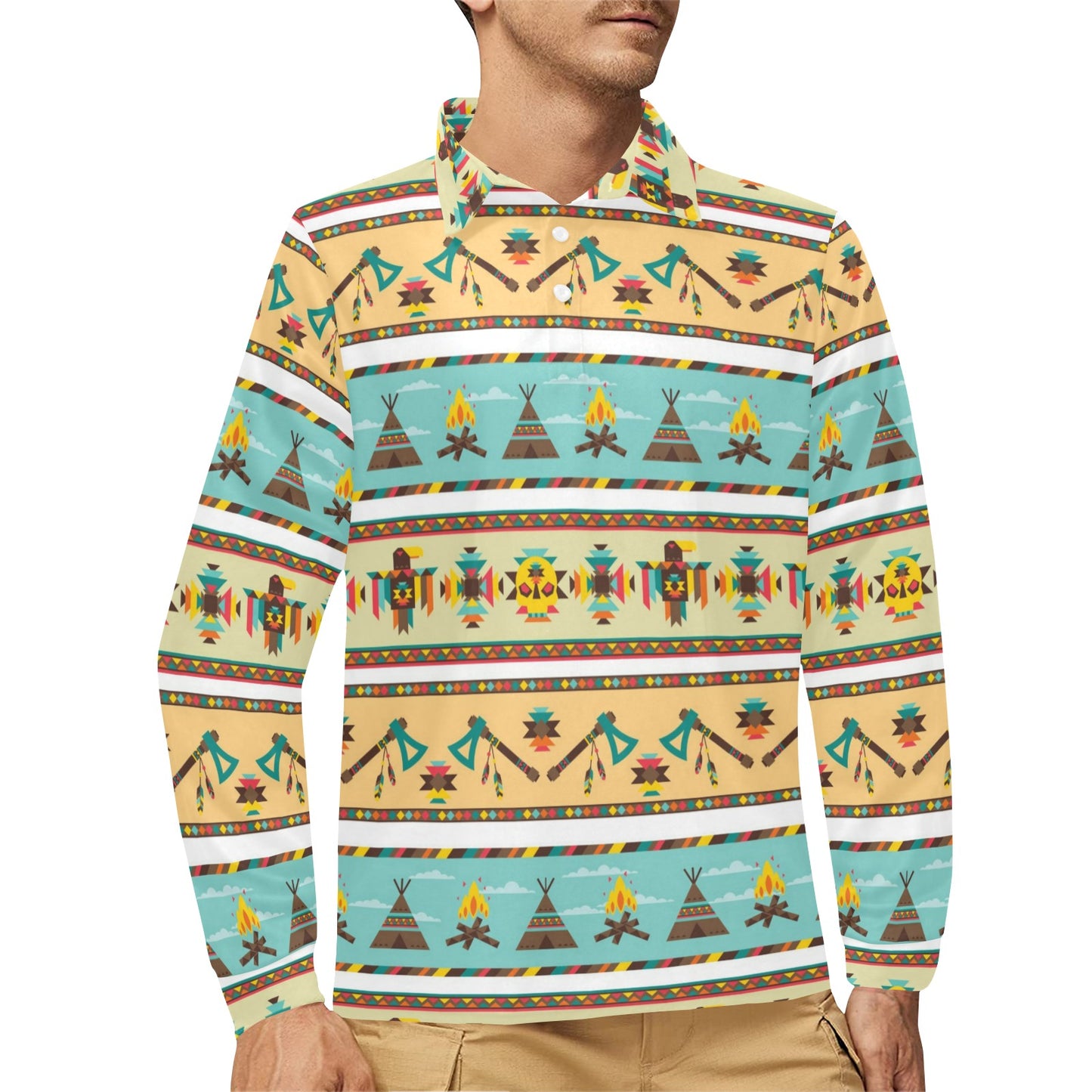 American indian Life Pattern Long Sleeve Polo Shirt For Men's