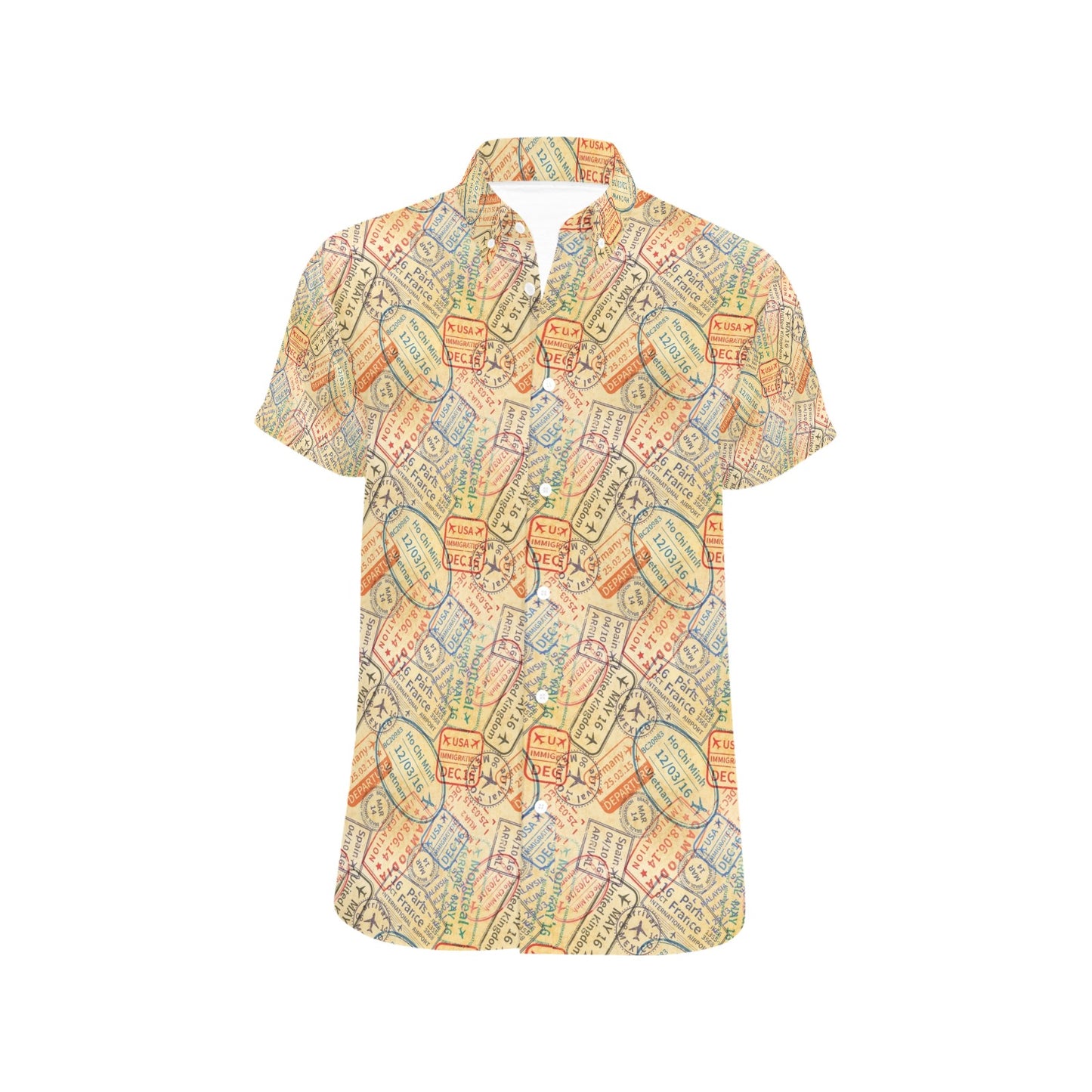 Travel Stamp Print Design LKS302 Men Short Sleeve Button Up Shirt