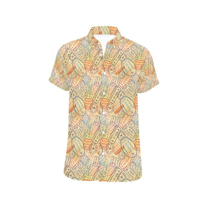 Travel Stamp Print Design LKS302 Men Short Sleeve Button Up Shirt
