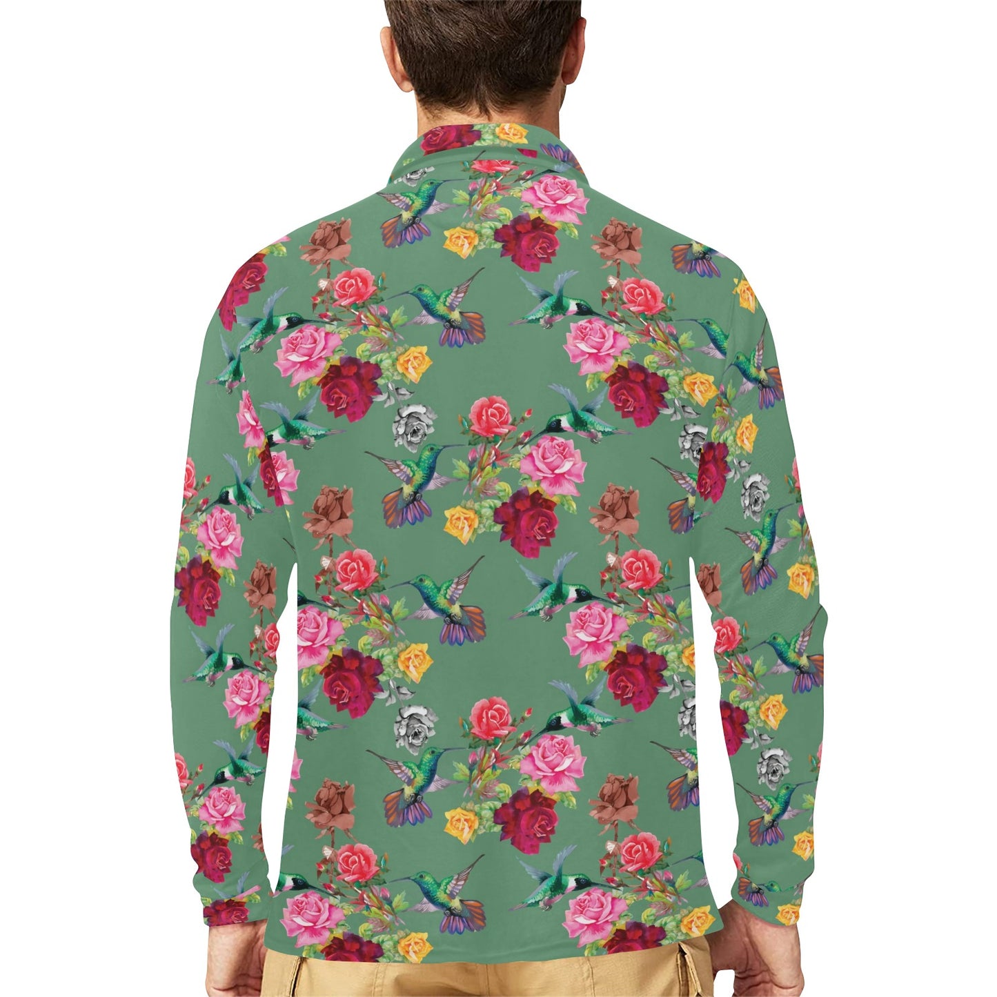 Hummingbird with Rose Themed Print Long Sleeve Polo Shirt For Men's