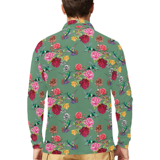 Hummingbird with Rose Themed Print Long Sleeve Polo Shirt For Men's