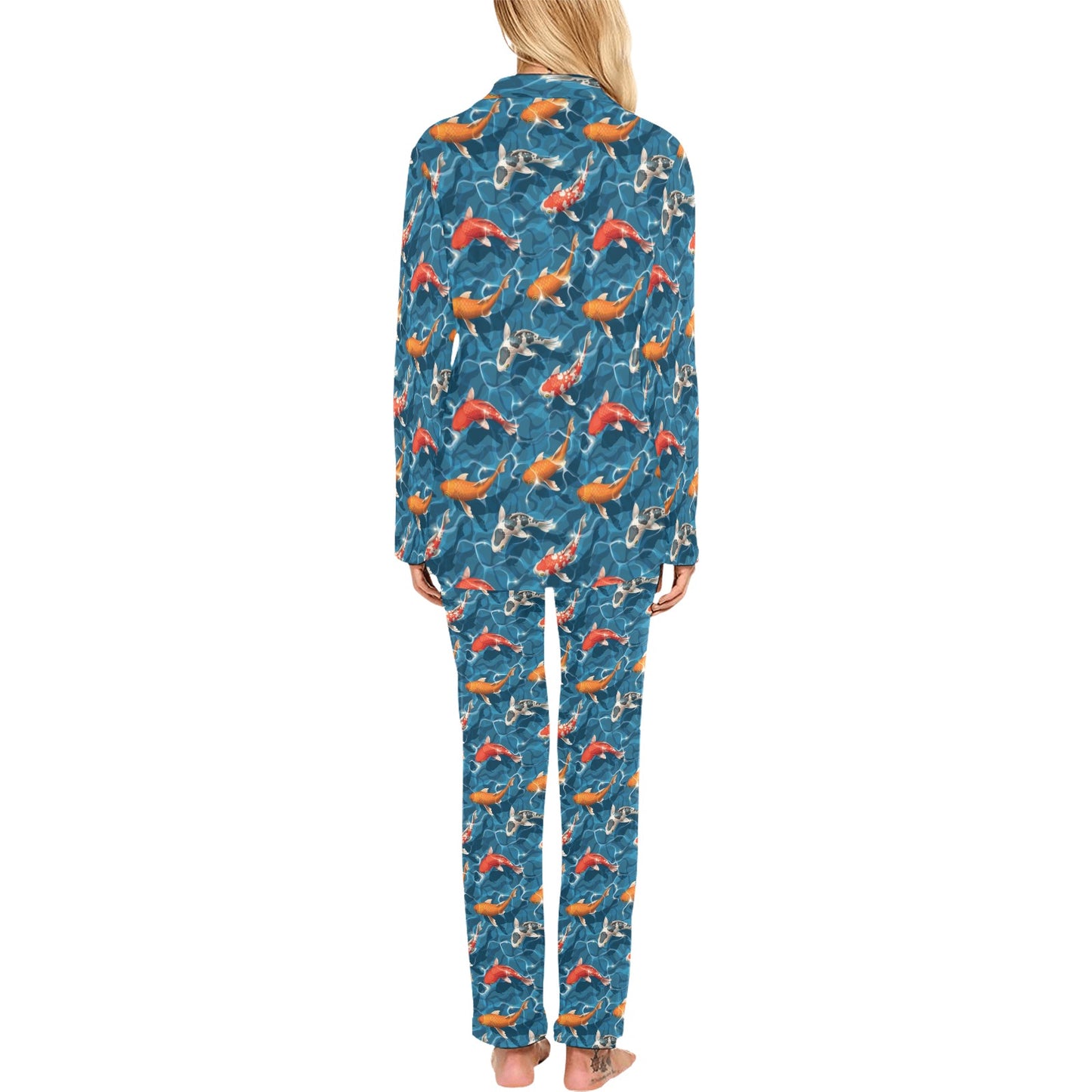 Koi Carp Water Design Themed Print Women's Long Pajama Set