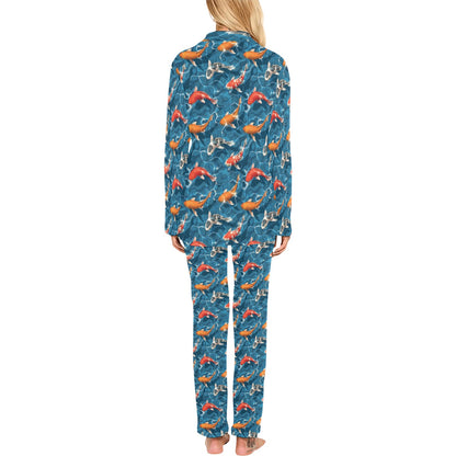 Koi Carp Water Design Themed Print Women's Long Pajama Set