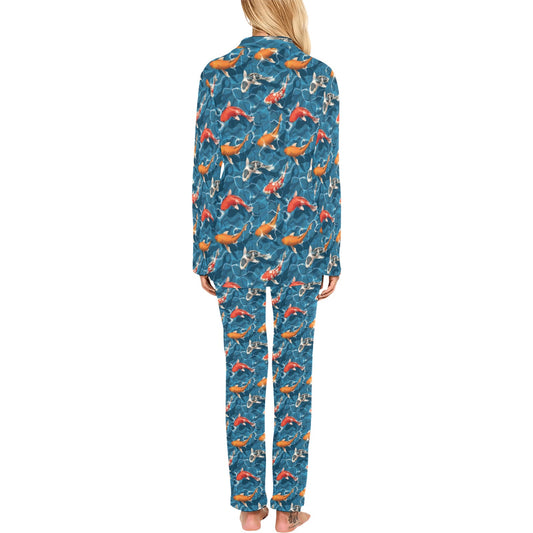 Koi Carp Water Design Themed Print Women's Long Pajama Set