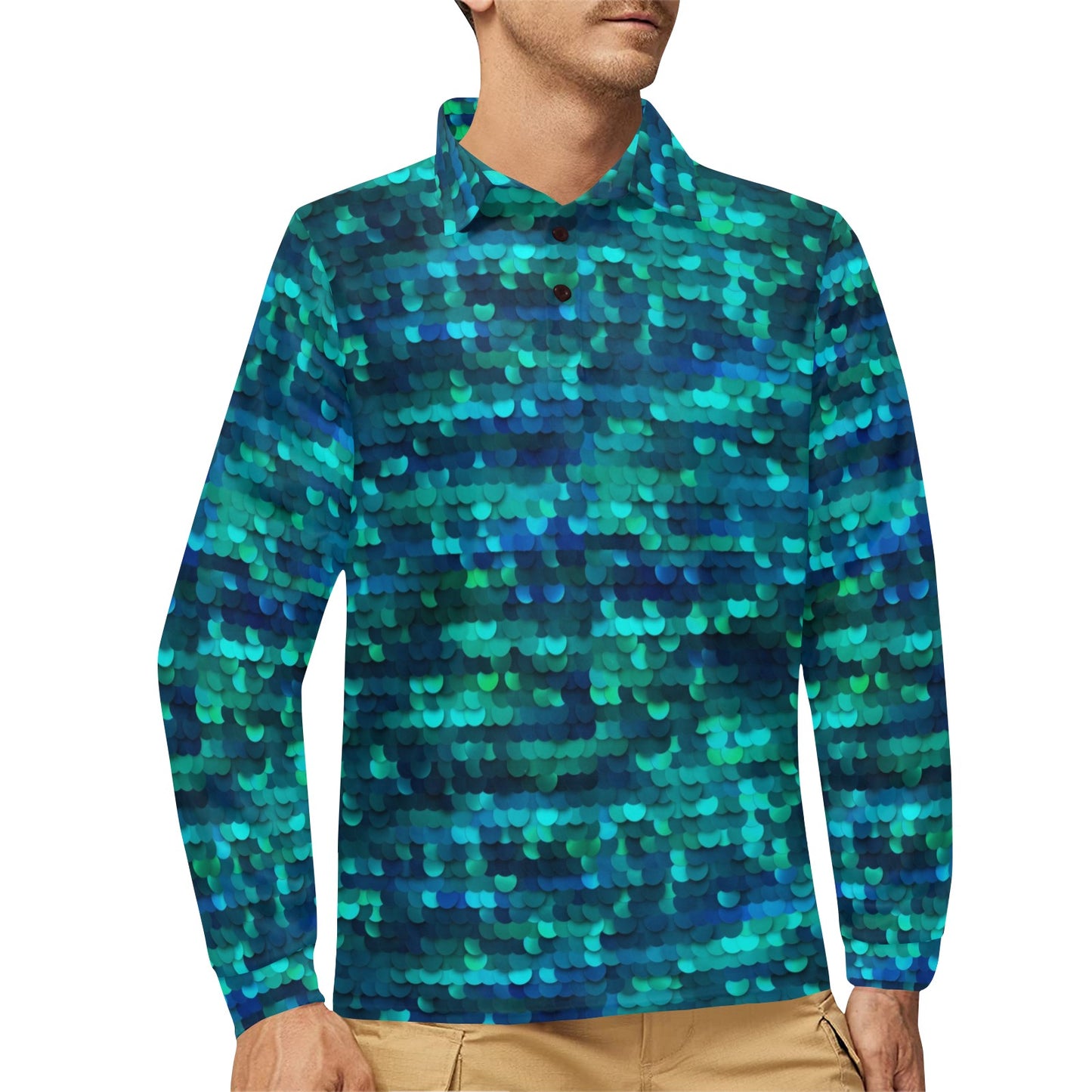 Mermaid Scales Pattern Print Design 06 Long Sleeve Polo Shirt For Men's