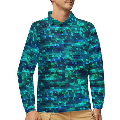 Mermaid Scales Pattern Print Design 06 Long Sleeve Polo Shirt For Men's