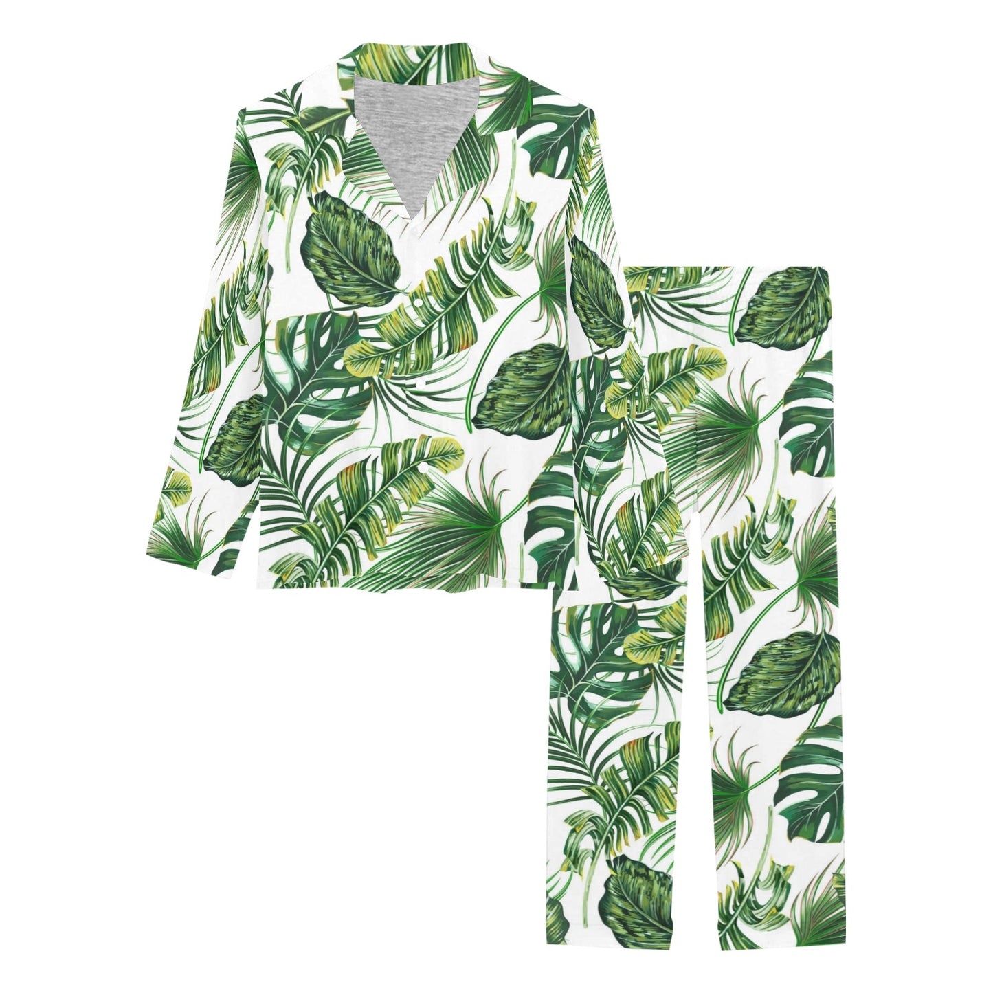 Green Pattern Tropical Palm Leaves Women's Long Pajama Set