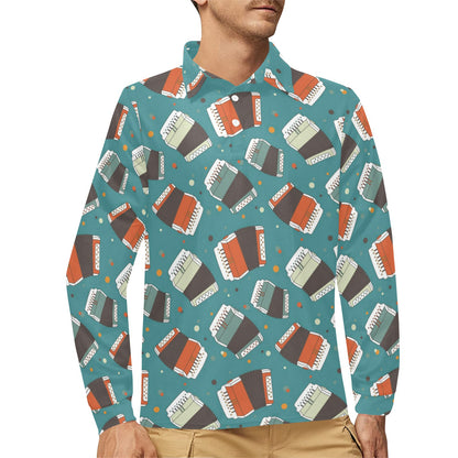 Accordion Pattern Print Design 02 Long Sleeve Polo Shirt For Men's