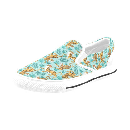 Tiger Print Design LKS304 White Slip Ons Canvas Women's Shoes