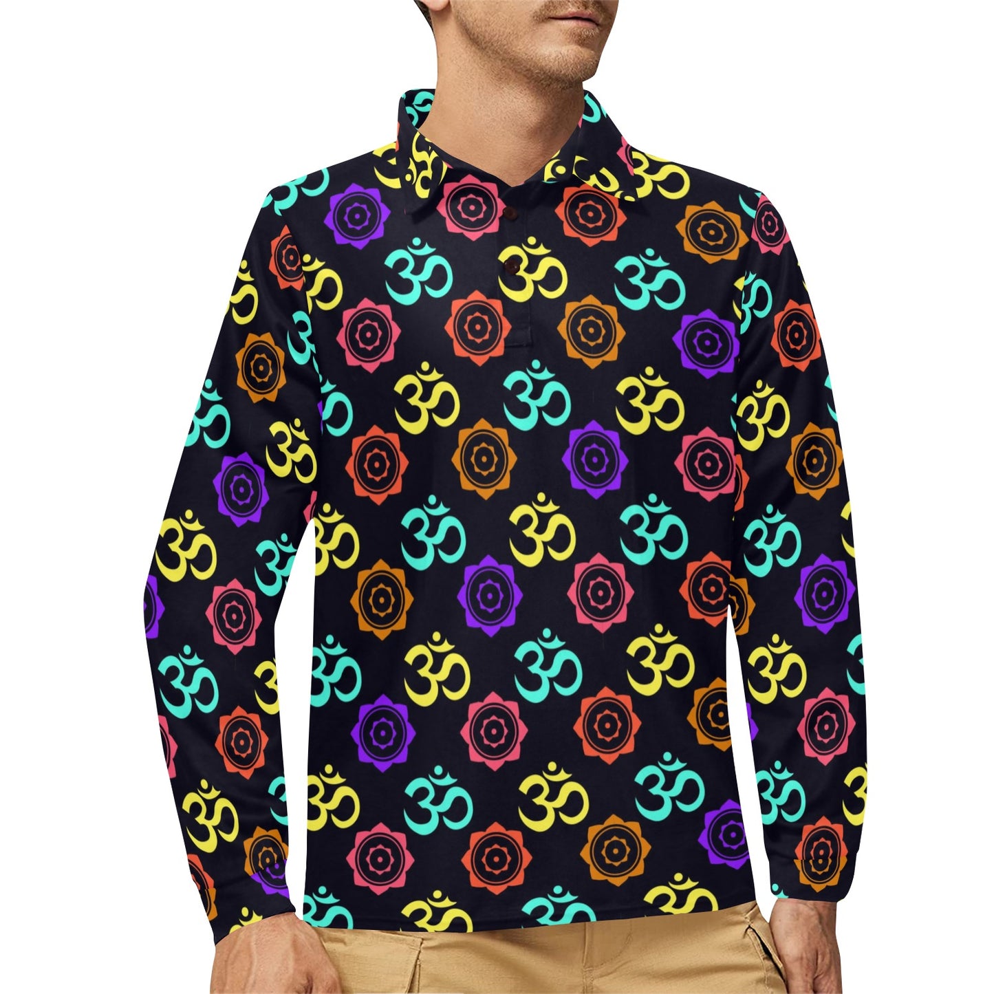 Chakra OM Print Pattern Long Sleeve Polo Shirt For Men's