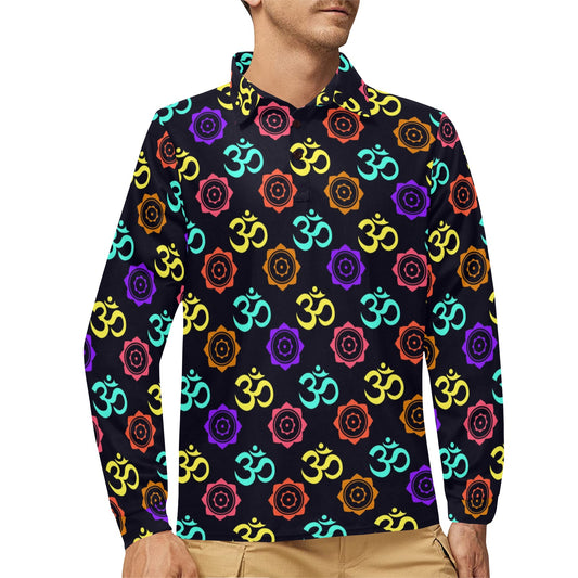 Chakra OM Print Pattern Long Sleeve Polo Shirt For Men's
