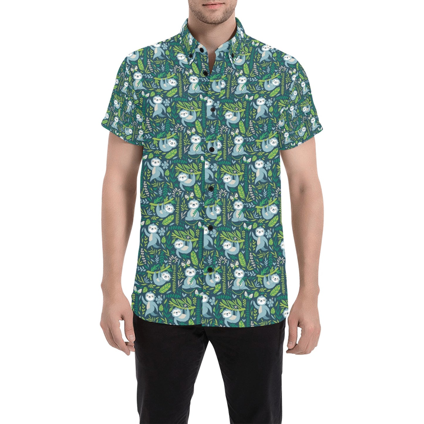Sloth Print Design LKS304 Men Short Sleeve Button Up Shirt