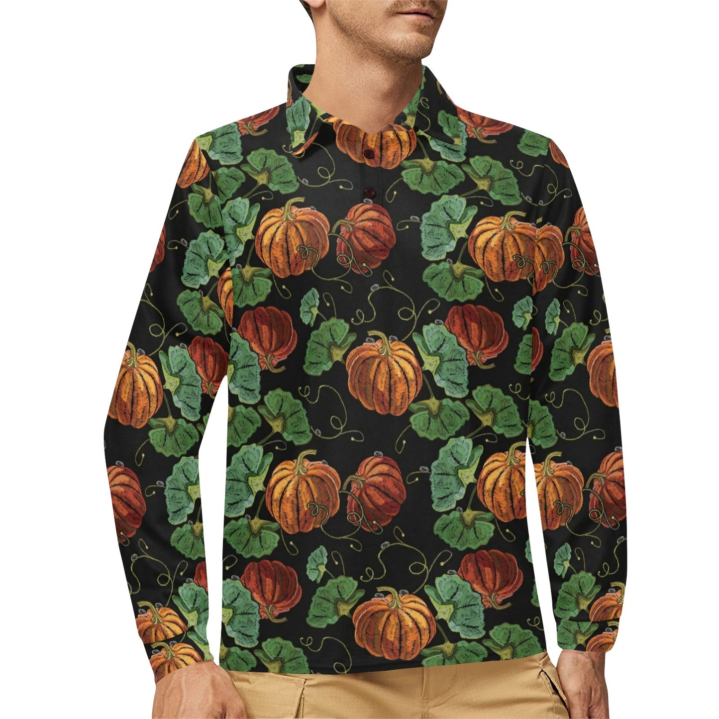 Pumpkin Pattern Print Design A02 Long Sleeve Polo Shirt For Men's