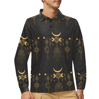 Sun Moon Boho Style Long Sleeve Polo Shirt For Men's