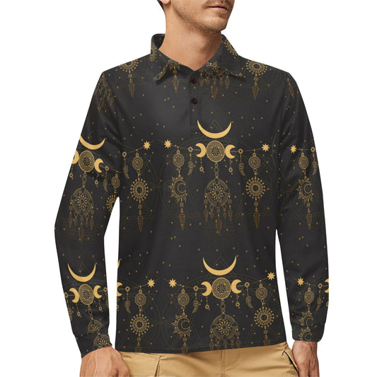 Sun Moon Boho Style Long Sleeve Polo Shirt For Men's