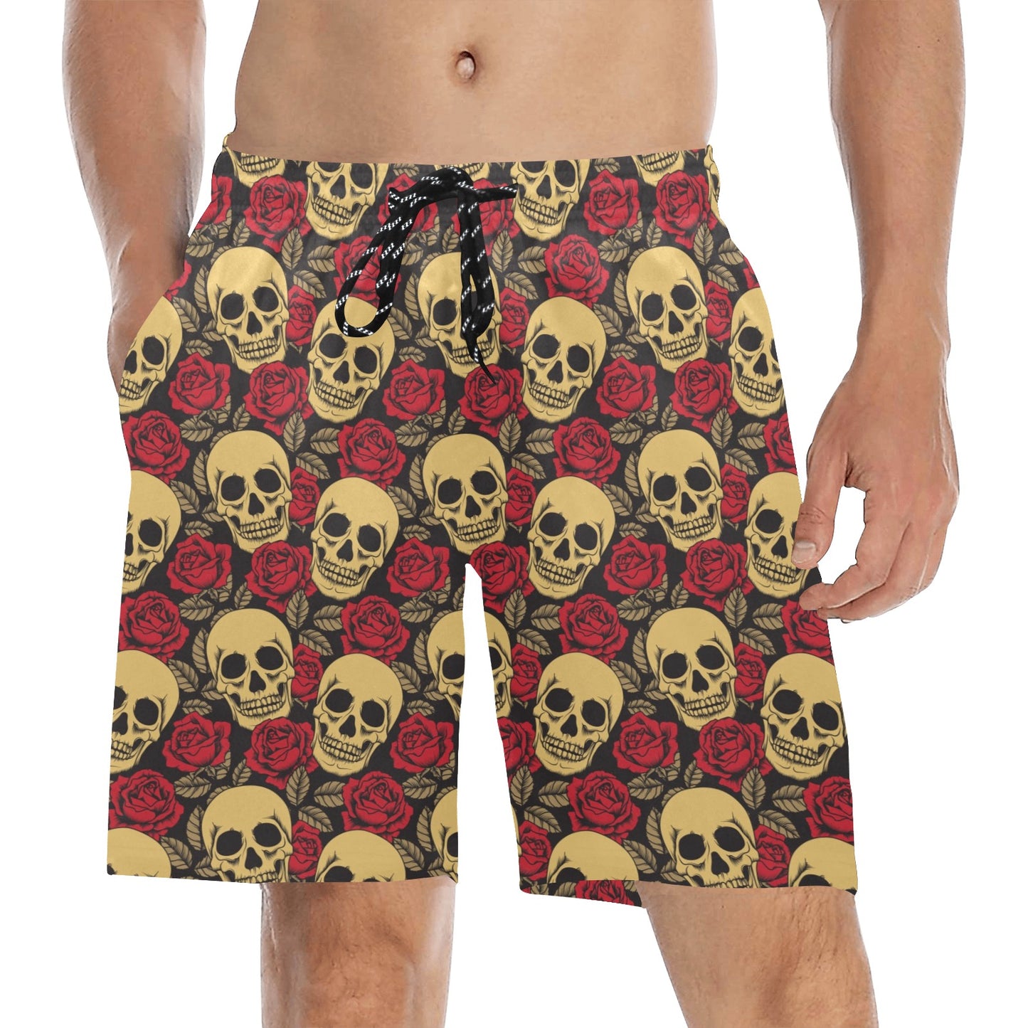 Skull And Roses Print Design LKS302 Men's Swim Trunks Beach Shorts